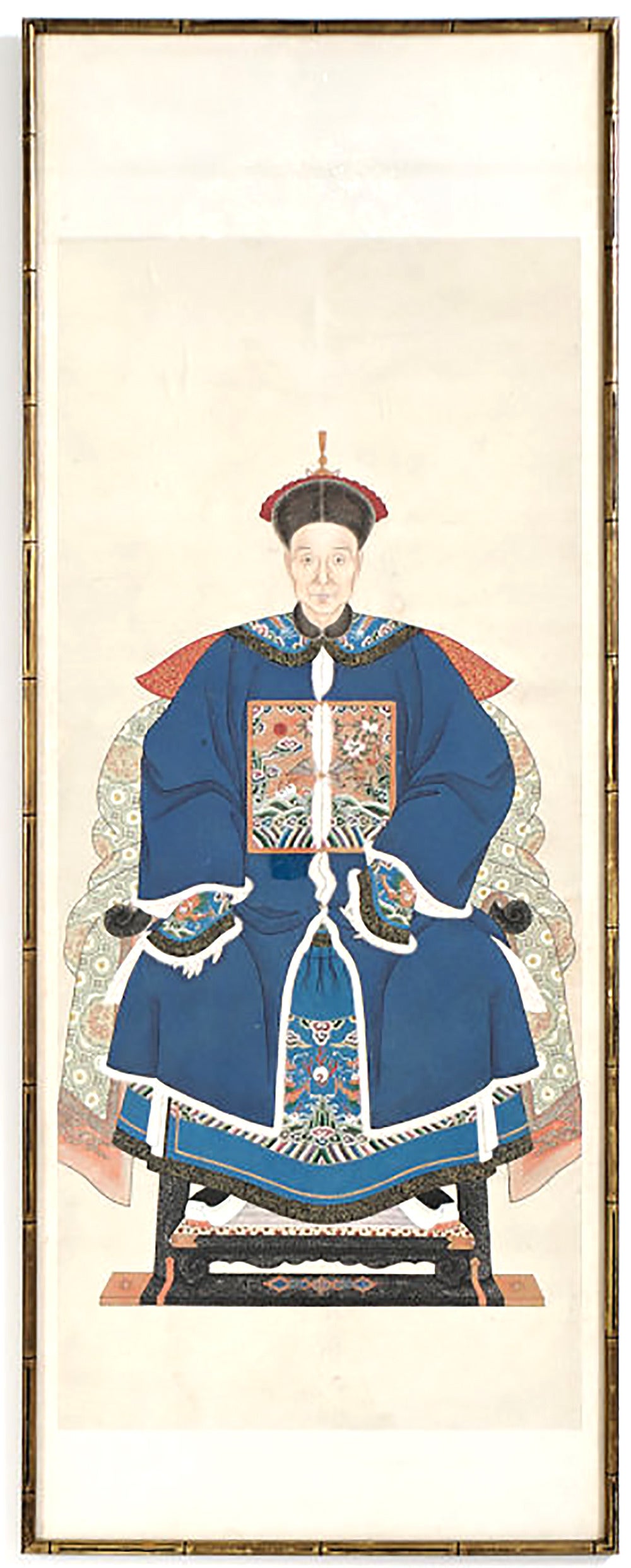 Tall and not too wide, these striking ancestor portraits are a versatile size. Although we are not able to determine the age, we believe they are early 20th century or prior. They are mounted in faux-bamboo gilt frames.