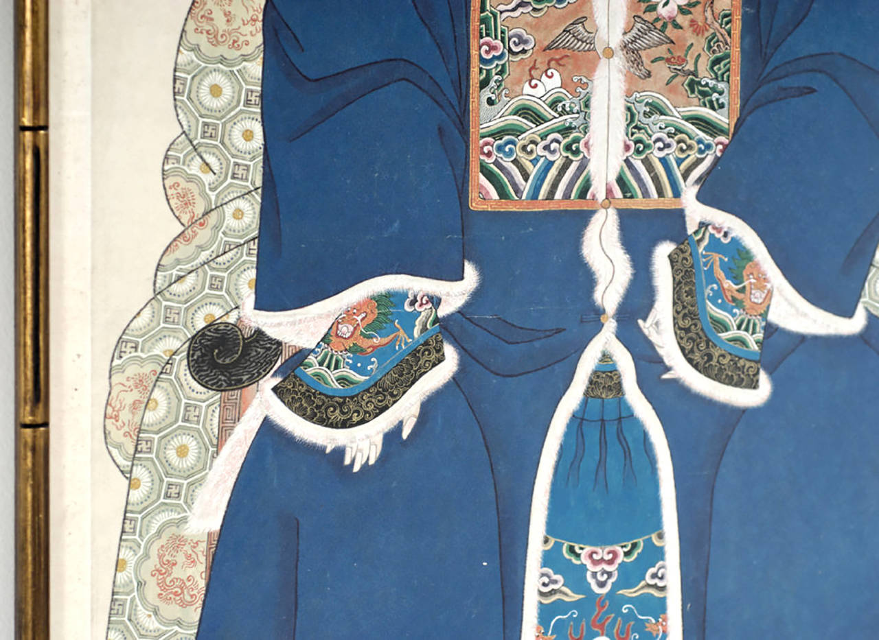 20th Century Pair of Chinese Ancestor Portraits in Gilt Bamboo Form Frames