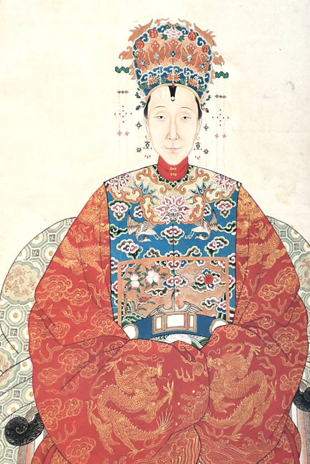 Glass Pair of Chinese Ancestor Portraits in Gilt Bamboo Form Frames