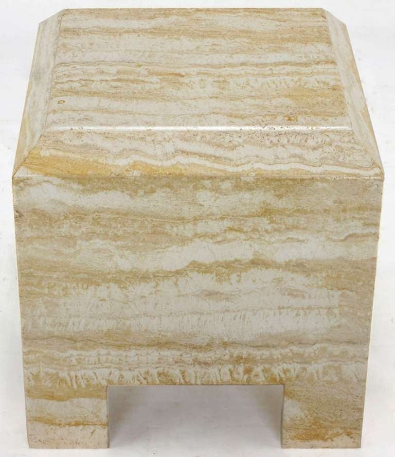 Custom designed heavy all-travertine marble side table with a deep beveled top. Similar in design to work by Milo Baughman for Thayer Coggin. Would make an interesting nightstand as well.