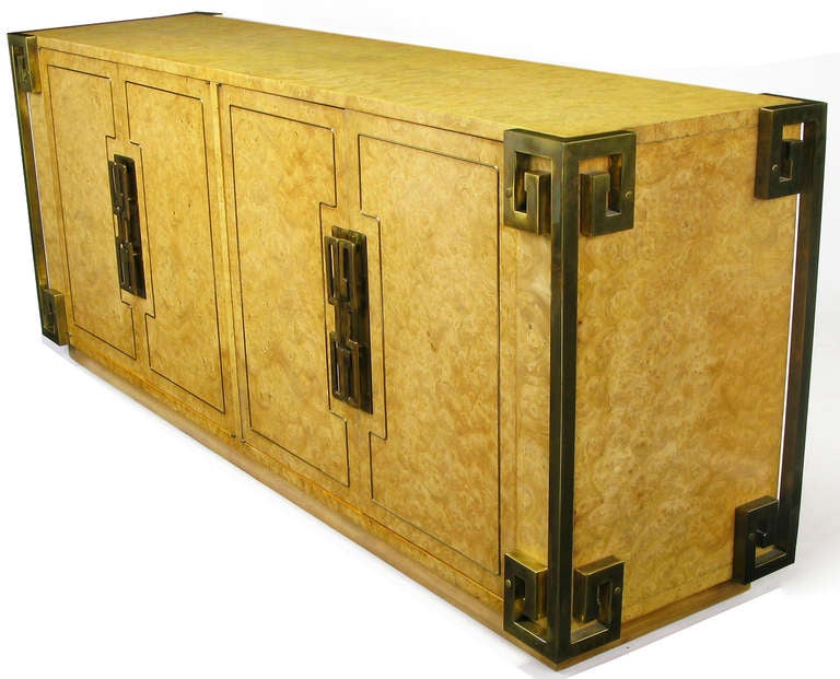 American Mastercraft Amboyna Burl and Brass Greek Key Sideboard For Sale