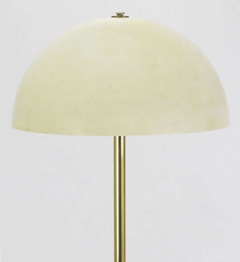 Brass floor lamp with a hemispherical white resin shade, and a round Lucite table surface, by Walter Von Nessen. Can be used with a regular shade as well. Lucite tabletop is 25