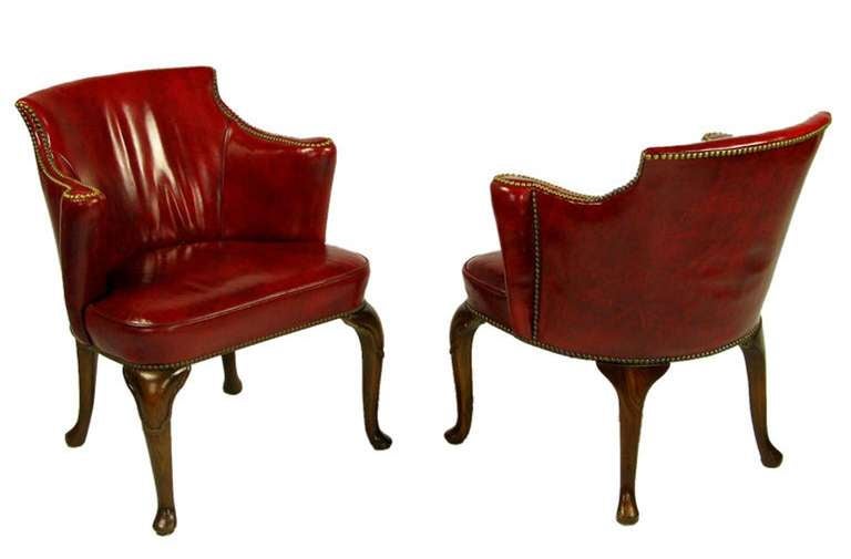 Pair S.J. Campbell Red Leather Chippendale Arm Chairs 3
