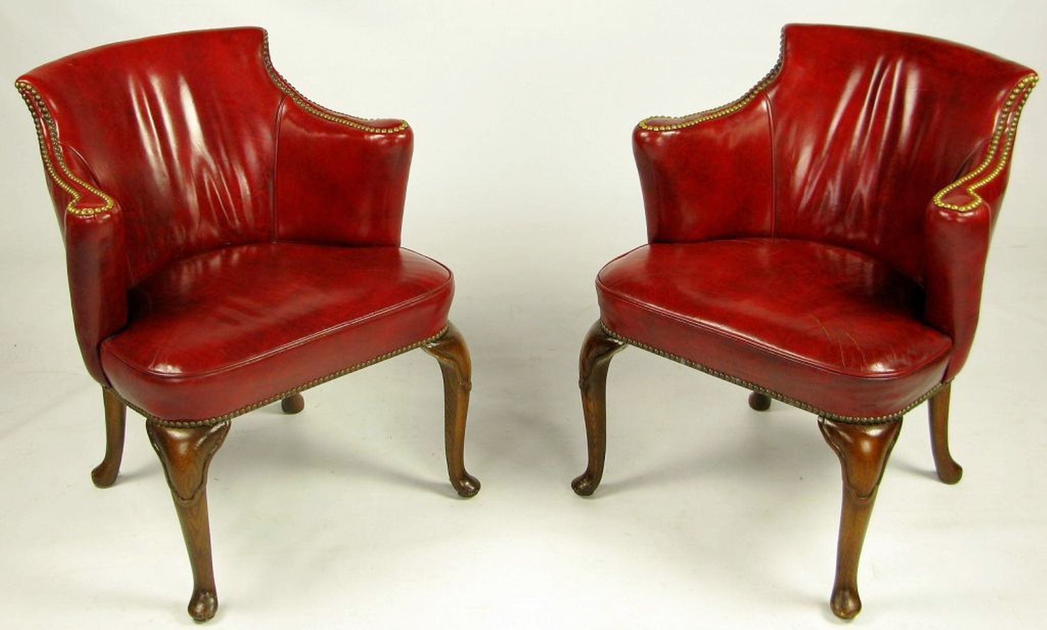 Pair S.J. Campbell Red Leather Chippendale Arm Chairs