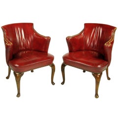 Pair S.J. Campbell Red Leather Chippendale Arm Chairs