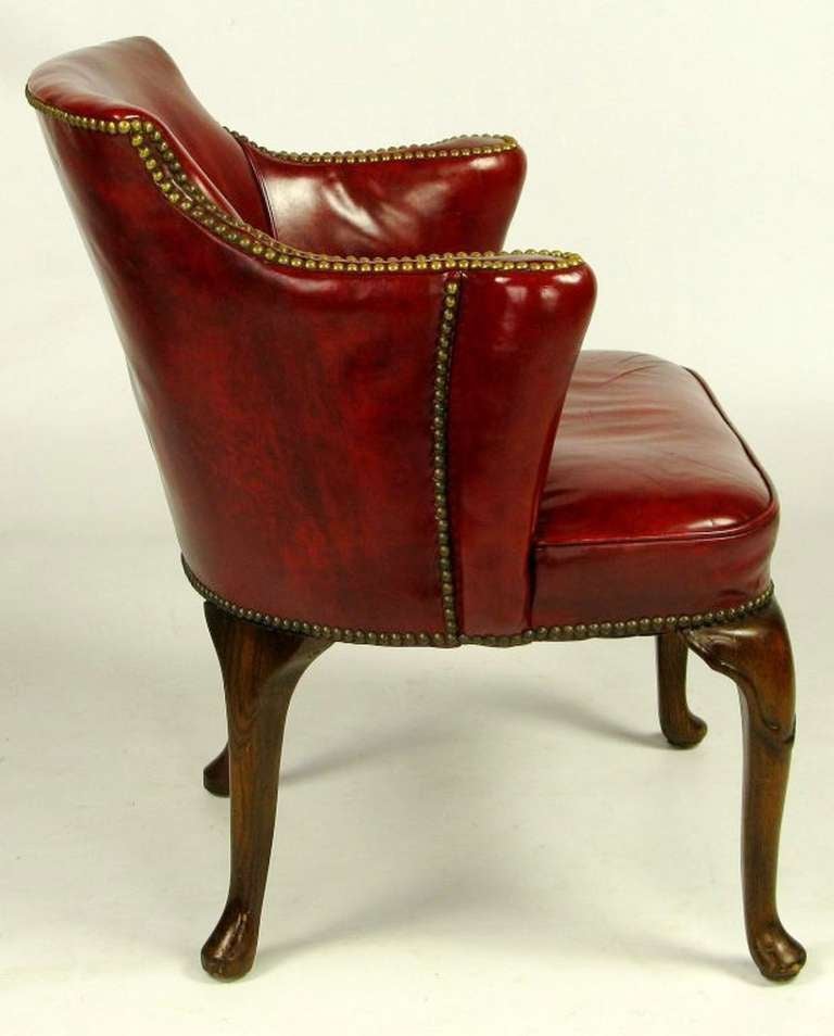 American Pair S.J. Campbell Red Leather Chippendale Arm Chairs