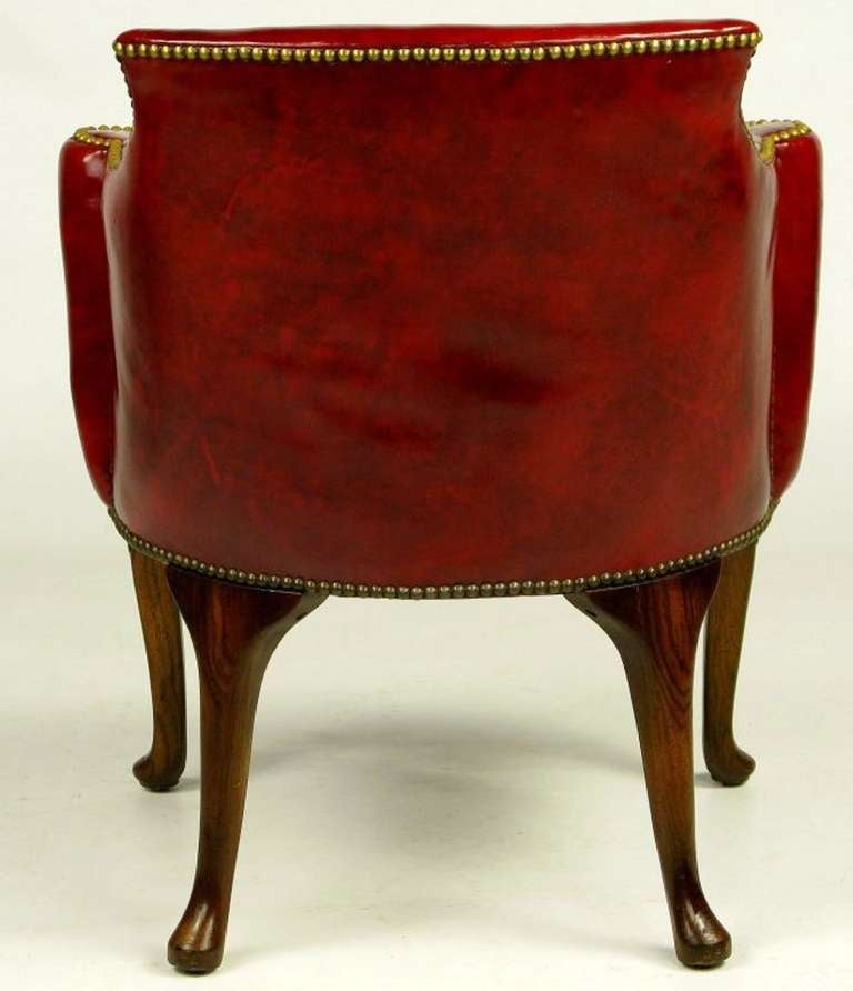 Pair S.J. Campbell Red Leather Chippendale Arm Chairs In Good Condition In Chicago, IL