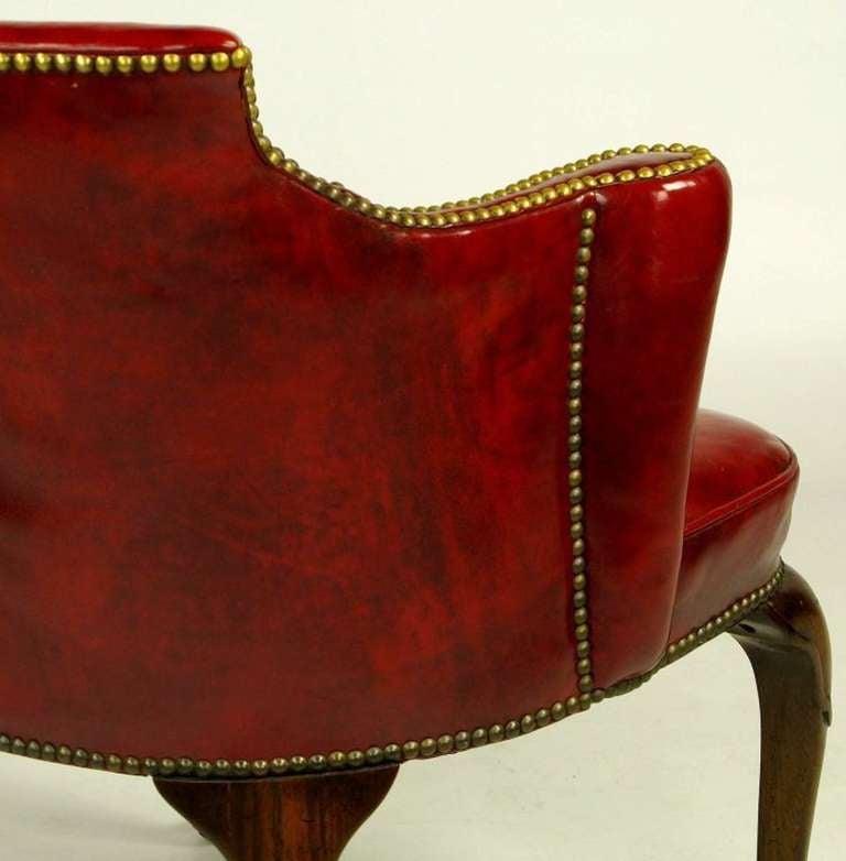 Mid-20th Century Pair S.J. Campbell Red Leather Chippendale Arm Chairs