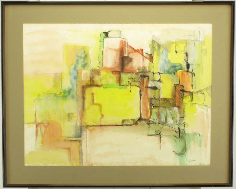 Muted abstract cubism painting signed Anne Jansen, 1970. Mixed medium on water color paper uses water colors and India ink as well as colored pencils. Matted in taupe and framed in simple wood and black resin inlaid frame.
Framed art measures 36