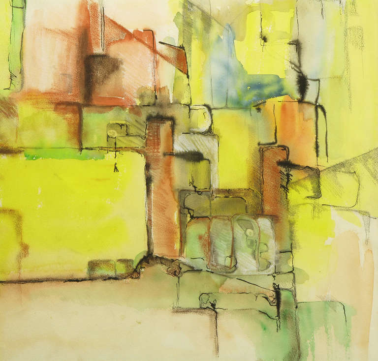 Abstraktes Mixed-Media-Gemälde in Gelb, Grün, Tan und Blau von Jansen im Zustand „Gut“ im Angebot in Chicago, IL