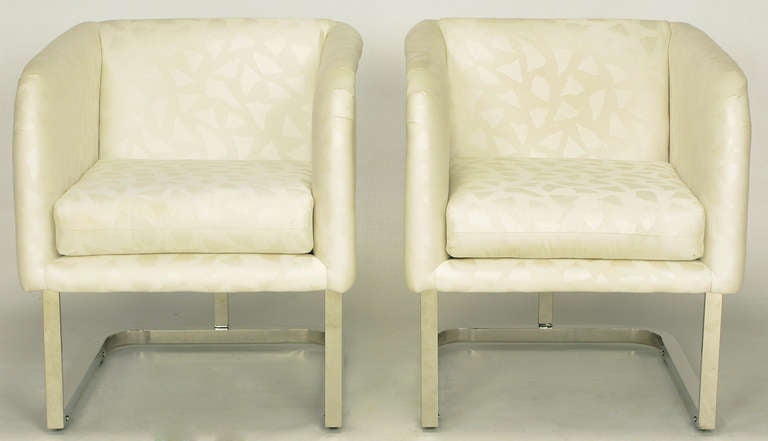 American Pair Milo Baughman Nickel and Ivory Abstract Print Club Chairs