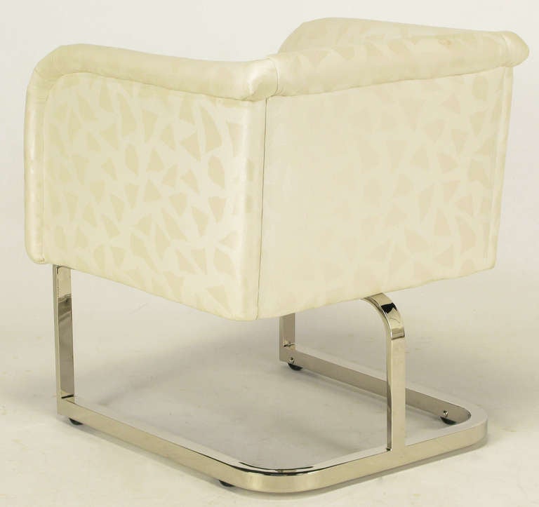 Pair Milo Baughman Nickel and Ivory Abstract Print Club Chairs 1