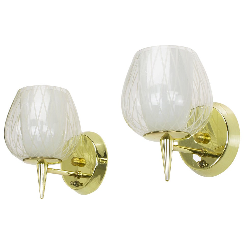 Pair of Gerald Thurston for Lightolier Etched Glass and Brass Sconces