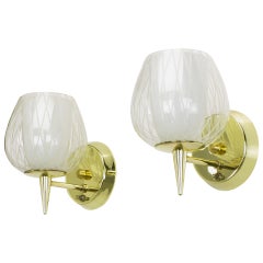 Vintage Pair of Gerald Thurston for Lightolier Etched Glass and Brass Sconces