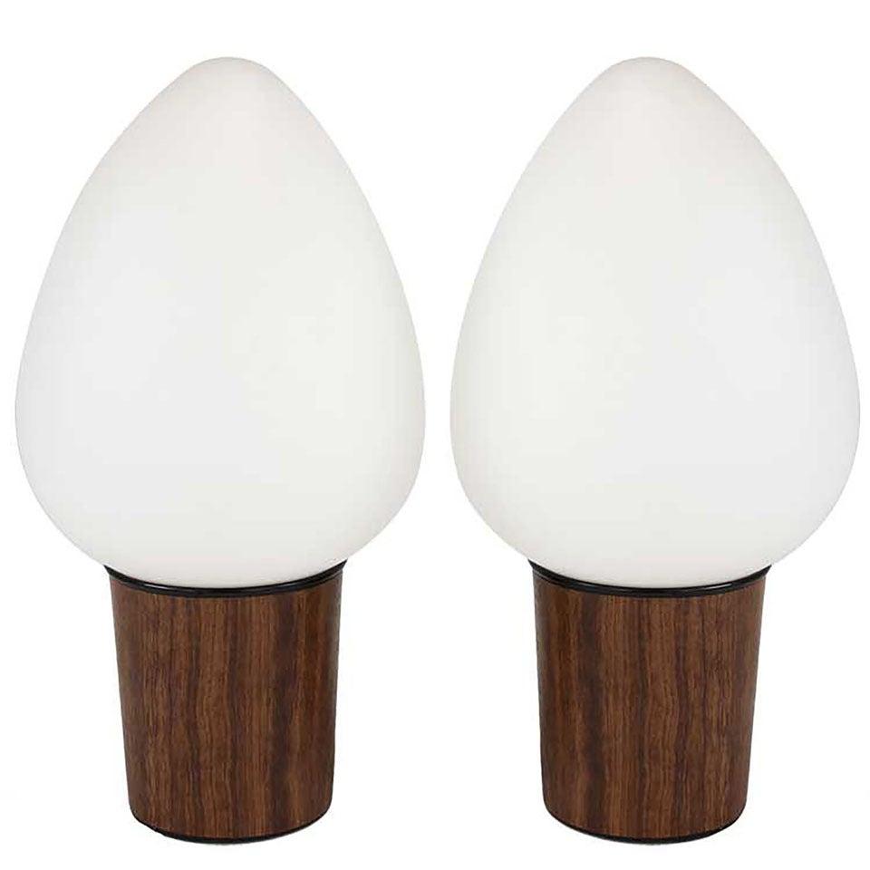Pair of Laurel Ovoid Milk Glass Table Lamps on Wood Grain Bases