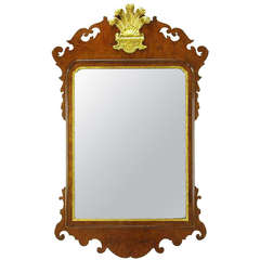 Vintage Chippendale Mirror in Burled Walnut with Gilt Plume Surmounter by Williamsburg Restorations Inc.