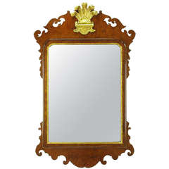 Retro Chippendale Mirror in Burled Walnut with Gilt Plume Surmounter by Williamsburg Restorations Inc.