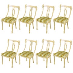 Six Ivory Glazed Carved Wood Rope and Tassel Dining Chairs