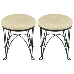 Pair of Round Wrought Iron and Linen Stools in the Style of Salterini