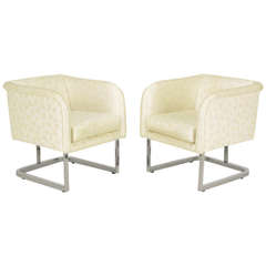 Pair Milo Baughman Nickel and Ivory Abstract Print Club Chairs