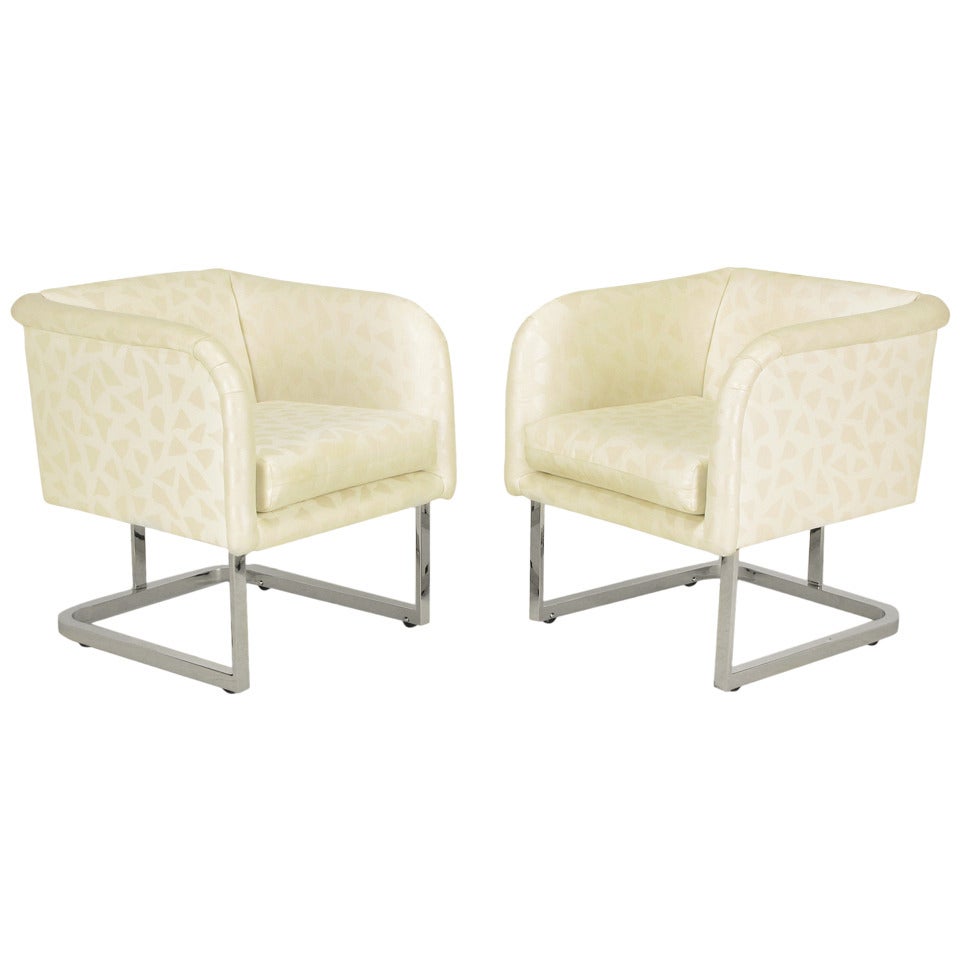 Pair Milo Baughman Nickel and Ivory Abstract Print Club Chairs