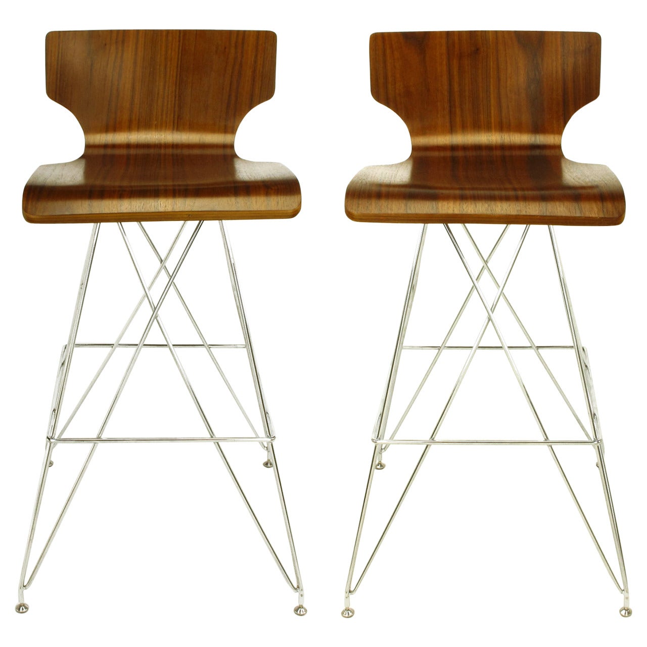 Pair of "Eiffel Tower" Chrome and Bentwood Bar Stools