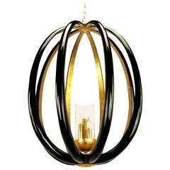Tall Black French Polish and Gold Leaf Ovoid Pendant Chandelier
