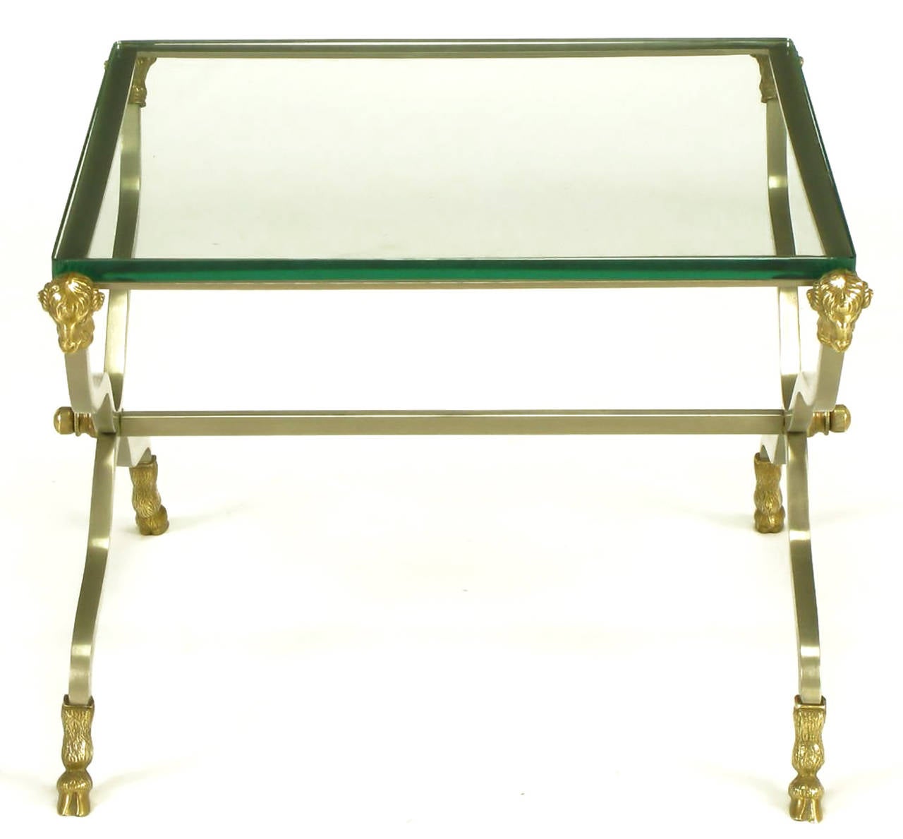 Glass Pair of 1940s Italian Steel and Brass Ram's Head and Hoof Tables