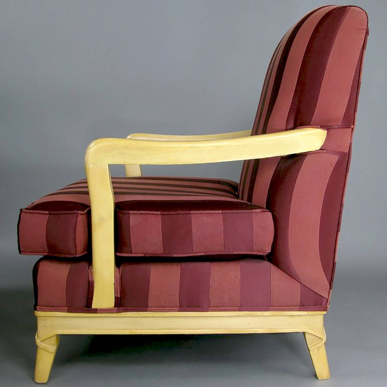 Pair of Oxblood Stripe Open-Arm Lounge Chairs In Good Condition For Sale In Chicago, IL