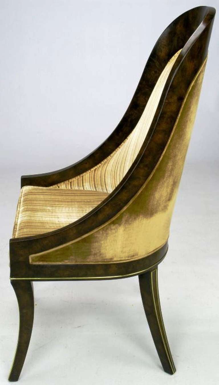 Four William Doezema For Mastercraft Amboyna & Brass Spoonback Dining Chairs In Good Condition In Chicago, IL