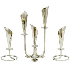 Ensemble de trois chandeliers Hans Jensen danois en métal argenté en forme de lis de calla