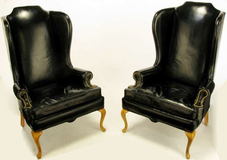 American Pair 1960s Black Leather & Maple Wing Chairs By Hickory