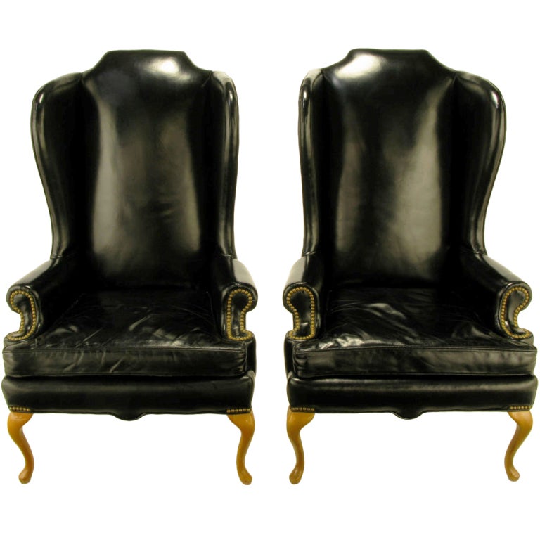Pair 1960s Black Leather and Maple Wing Chairs By Hickory ...