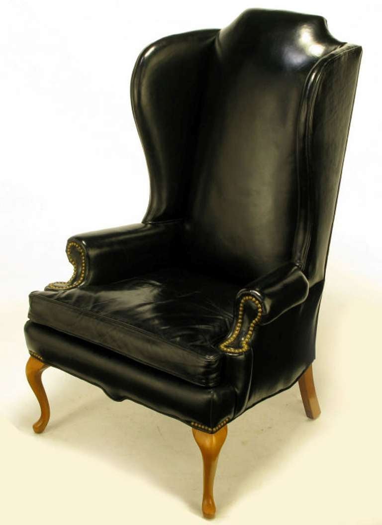 Mid-20th Century Pair 1960s Black Leather & Maple Wing Chairs By Hickory