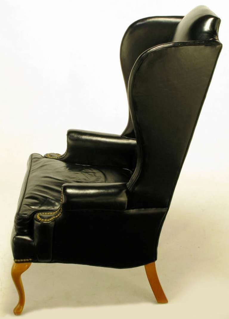 Pair 1960s Black Leather & Maple Wing Chairs By Hickory 1