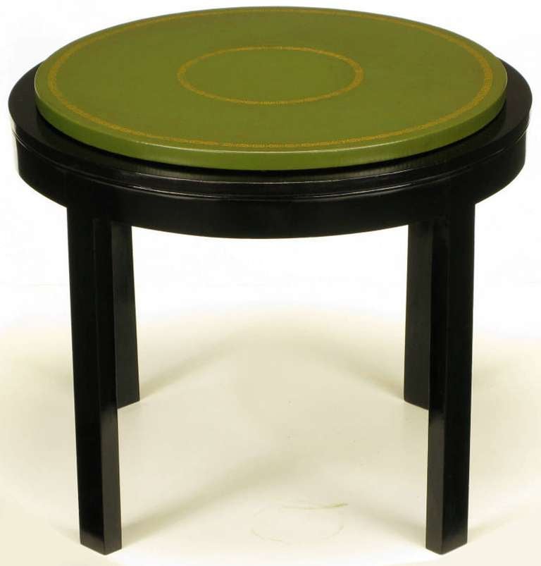 American Round Ebonized and Tooled Green Leather Top End Table For Sale