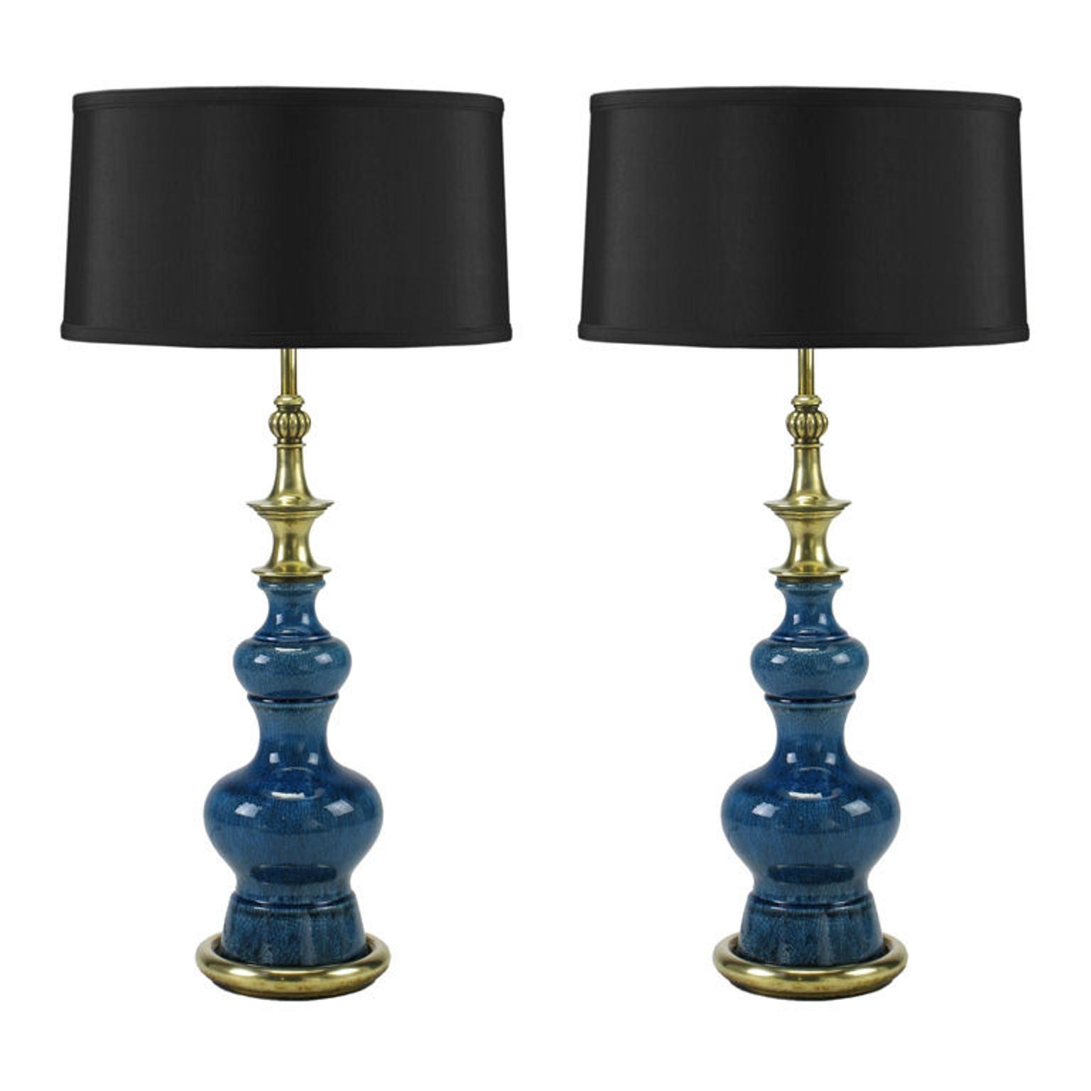 Pair Stiffel Blue Crackle-Glaze Gourd Form Table Lamps