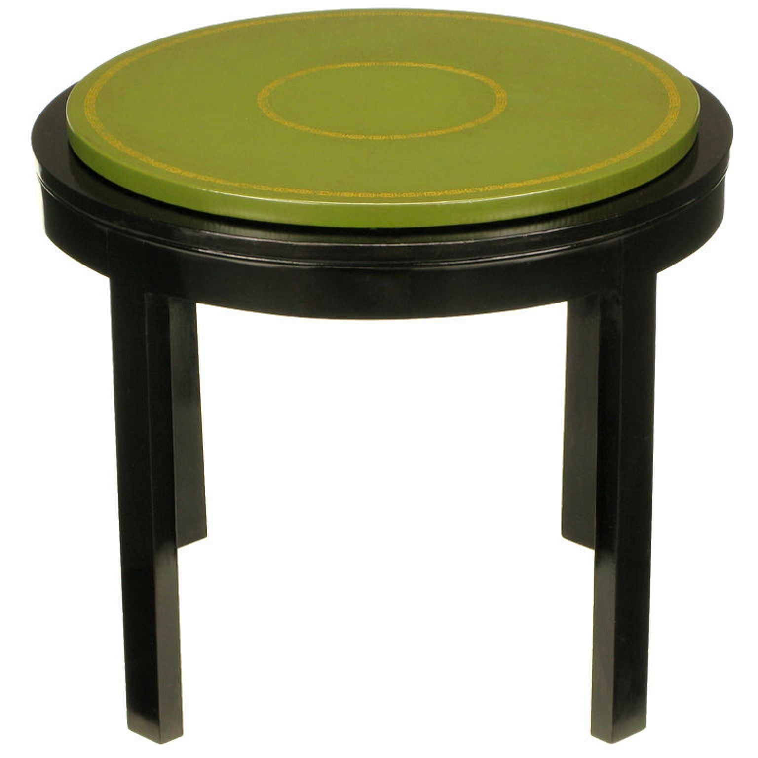 Round Ebonized and Tooled Green Leather Top End Table