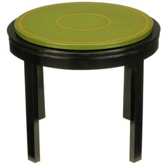 Vintage Round Ebonized and Tooled Green Leather Top End Table