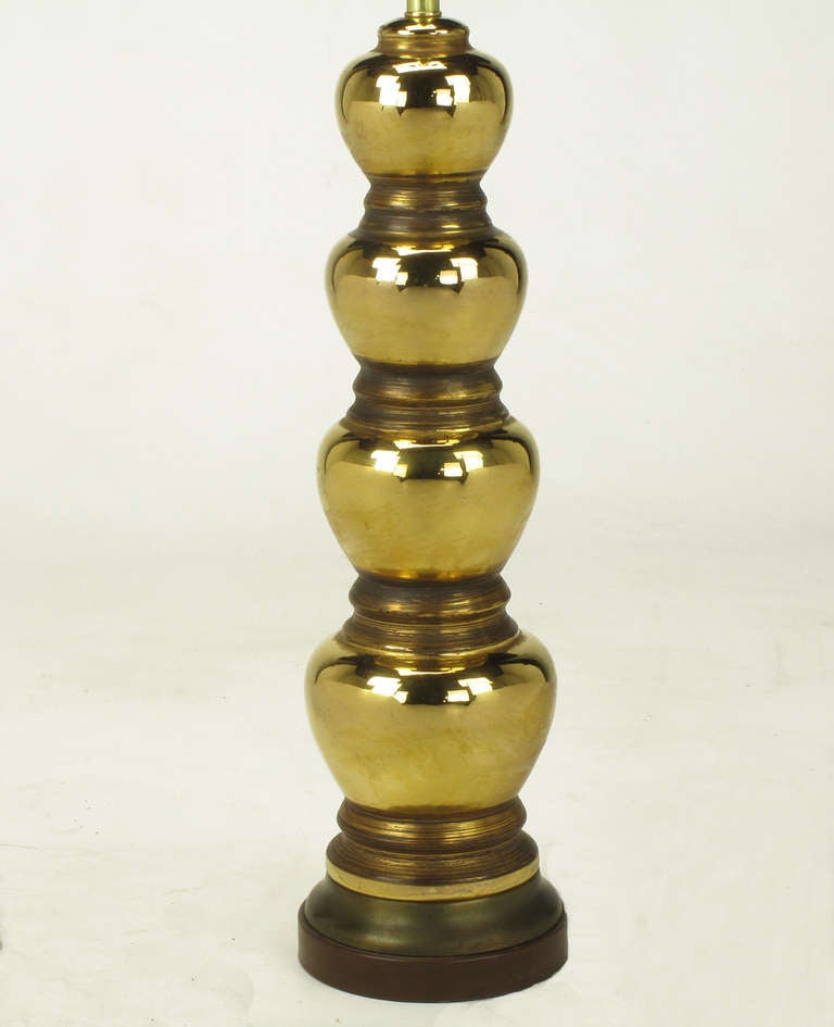 Metal Pair 1930s Gold Glazed Porcelain Quadruple Gourd Table lamps.