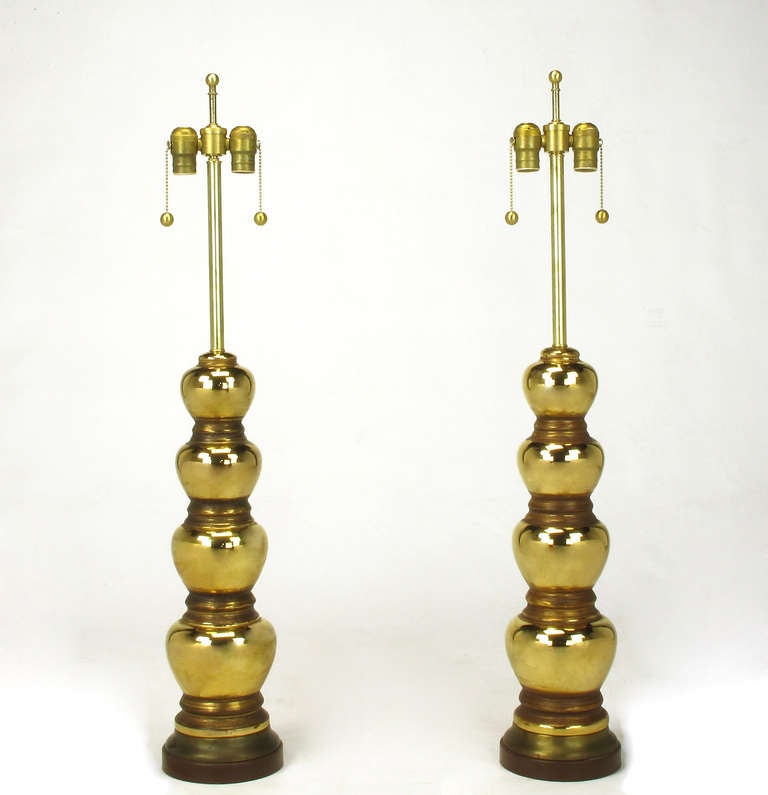 American Pair 1930s Gold Glazed Porcelain Quadruple Gourd Table lamps.