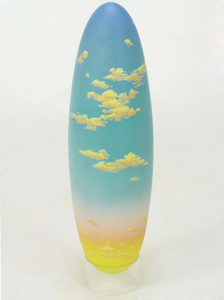 Hand thrown ceramic elongated egg with a New Mexico sunset sky, hand painted by renown ceramics artist and teacher Don Jones (American, 20th Century). Part of his 