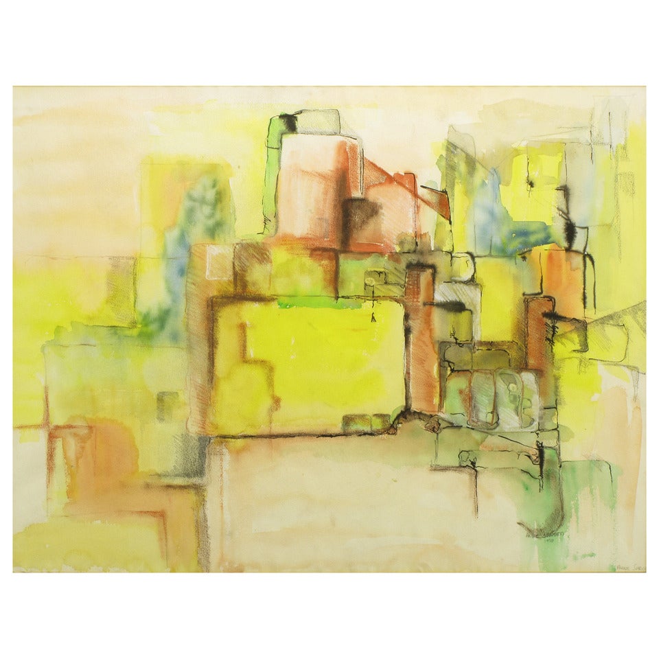 Abstraktes Mixed-Media-Gemälde in Gelb, Grün, Tan und Blau von Jansen im Angebot