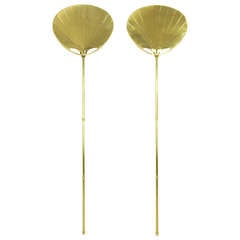 Pair of Chapman Brass Fan Sconces with Bamboo-Form Cord Covers