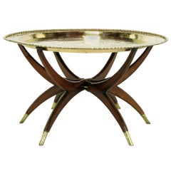 Moroccan Incised Brass and Mahogany Folding Six-Leg Tray Table