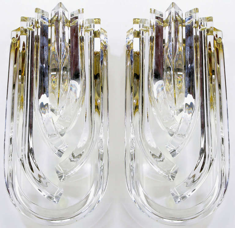 Pair Venini Bent Crystal & Brass Sconces In Excellent Condition In Chicago, IL