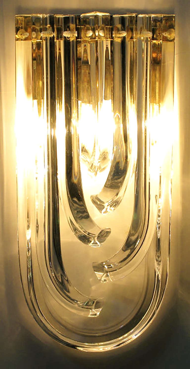 Pair Venini Bent Crystal & Brass Sconces 4