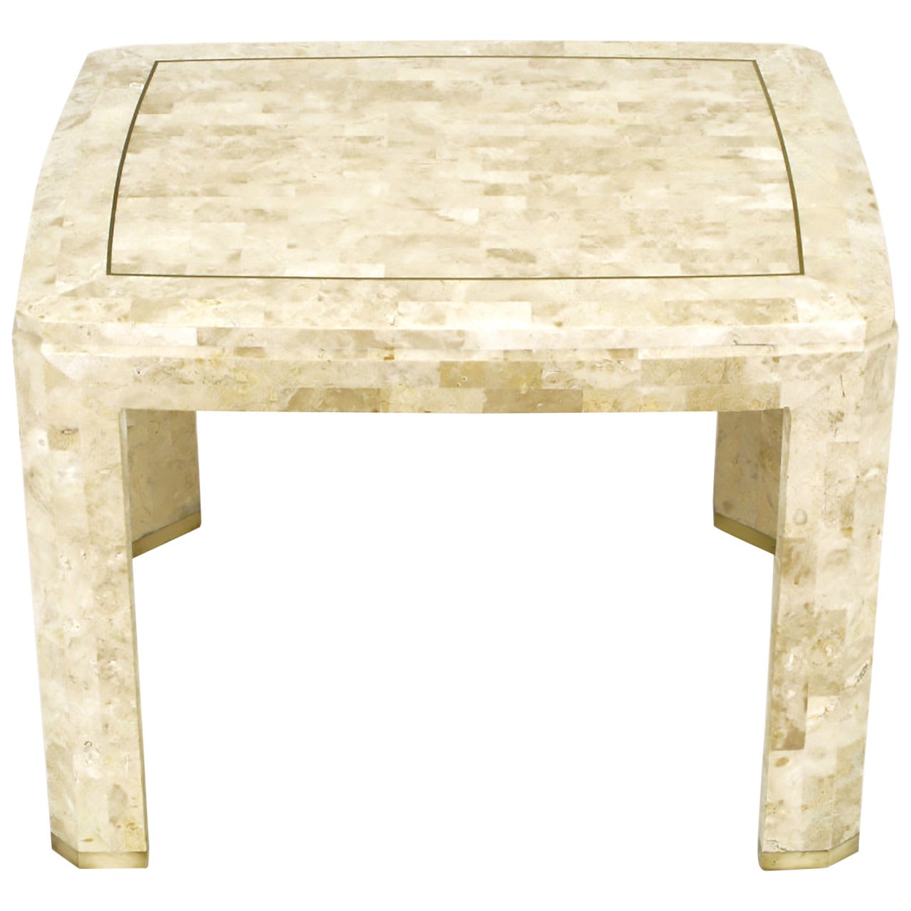 Tessellated Fossil Stone and Inlaid Brass End Table For Sale