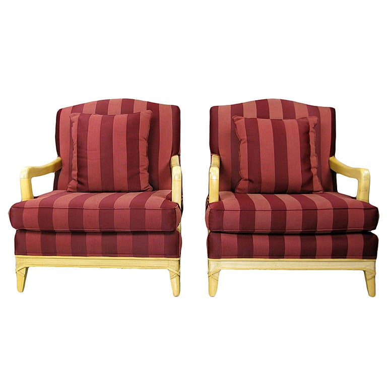 Pair of Oxblood Stripe Open-Arm Lounge Chairs