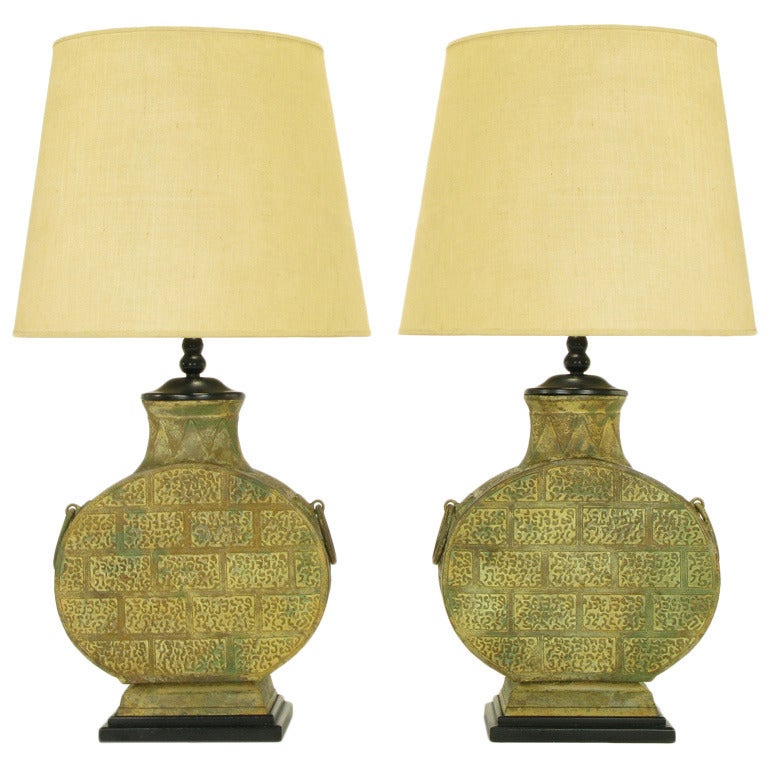 Pair of Monumental Bronze Chinese Urn Table Lamps